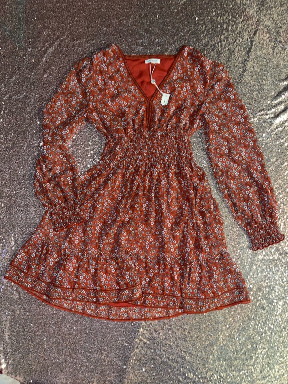 Max Studio Orange Floral V-Neck Smocked Dress